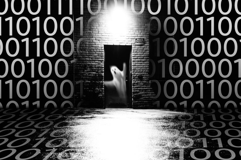 A ghost peeking out of a door in a brick wall covered with 0s and 1s.